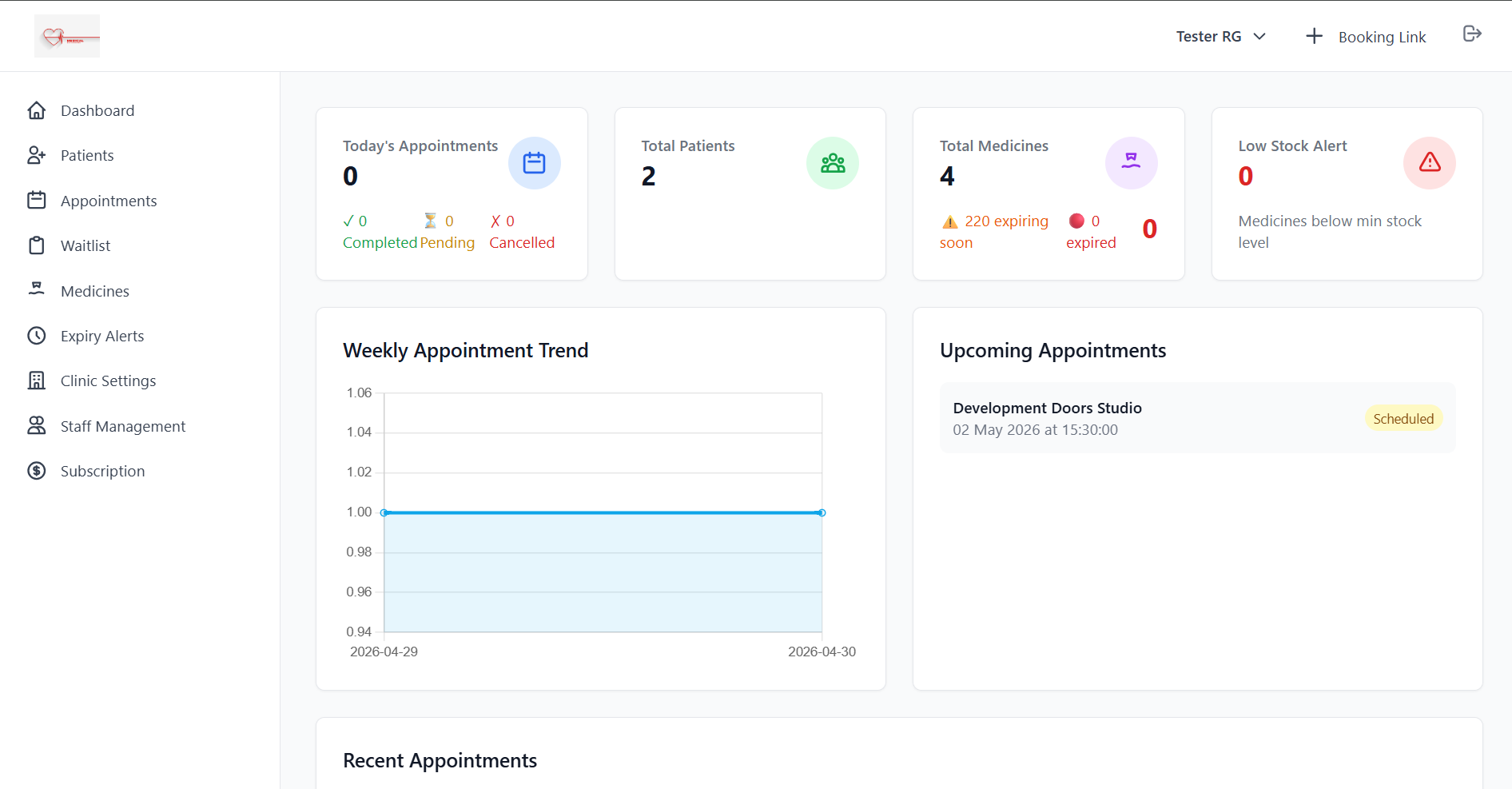 Clinic Management Software Dashboard
